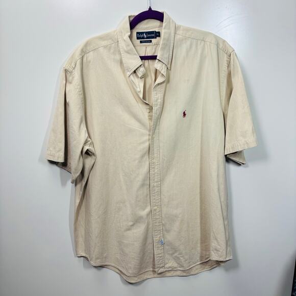 Ralph Lauren Shirt Mens XL Beige Short Sleeve Cotton Twill Logo Button Up 0303 - Picture 1 of 5